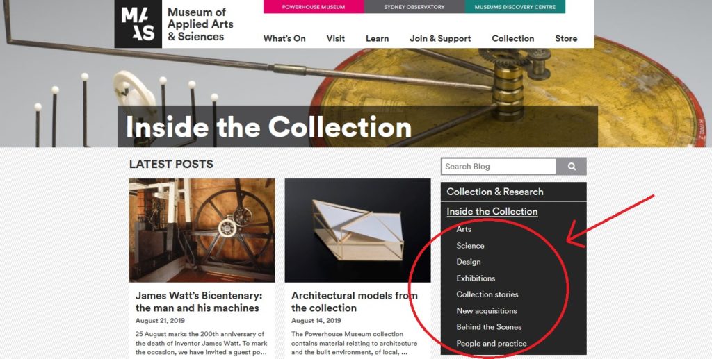 Screenshot of a blog titled Inside the Collection, with recent posts below. Down the right-hand side is a list of topics, which read: Art, Science, Design, Exhibitions, Collection stories, New acquisitions, Behind the Scenes, and People and Practice.